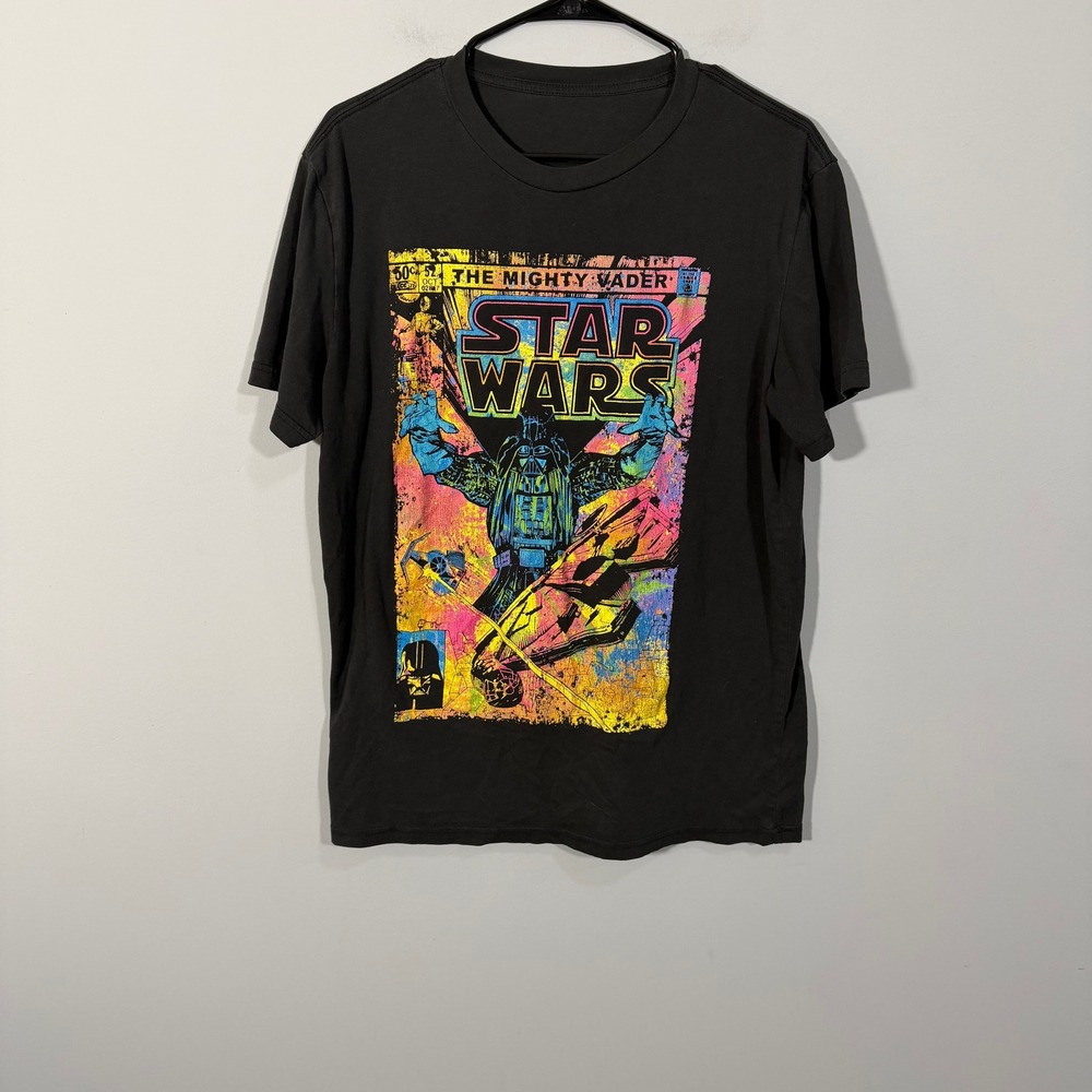Star Wars The Mighty Vader Graphic T-Shirt Black Neon Comic Book Style Mens M
